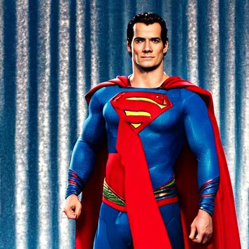 Henry Cavill wearing blue super suit with a big s on the chest and a red cape